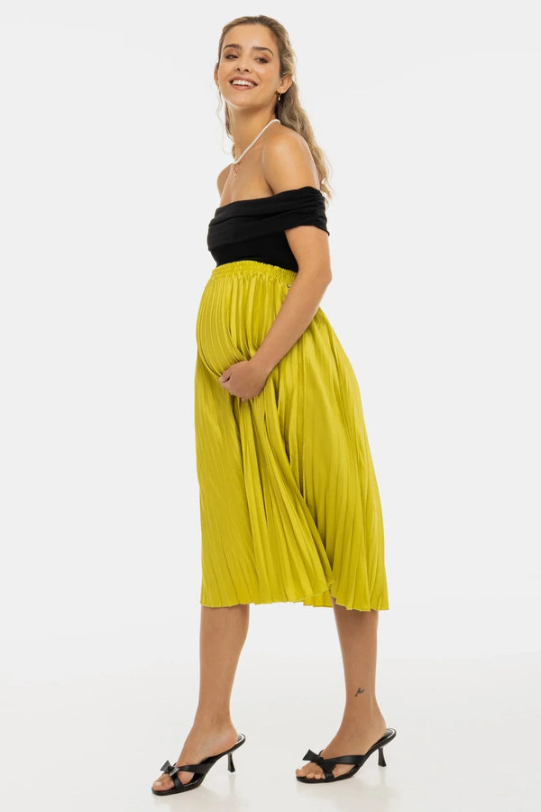 Fustă satinată plisată pentru gravide - lime