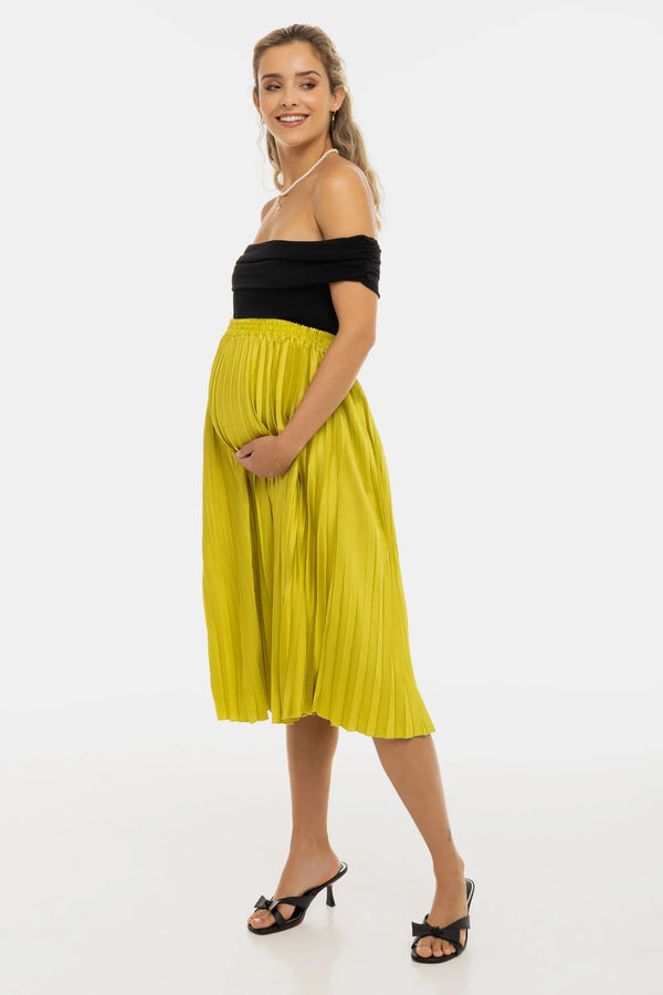 Fustă satinată plisată pentru gravide - lime