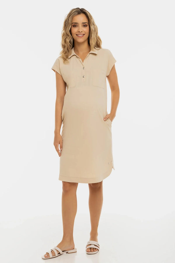 Rochie-cămașă pentru gravide cu guler și buzunare – bej
