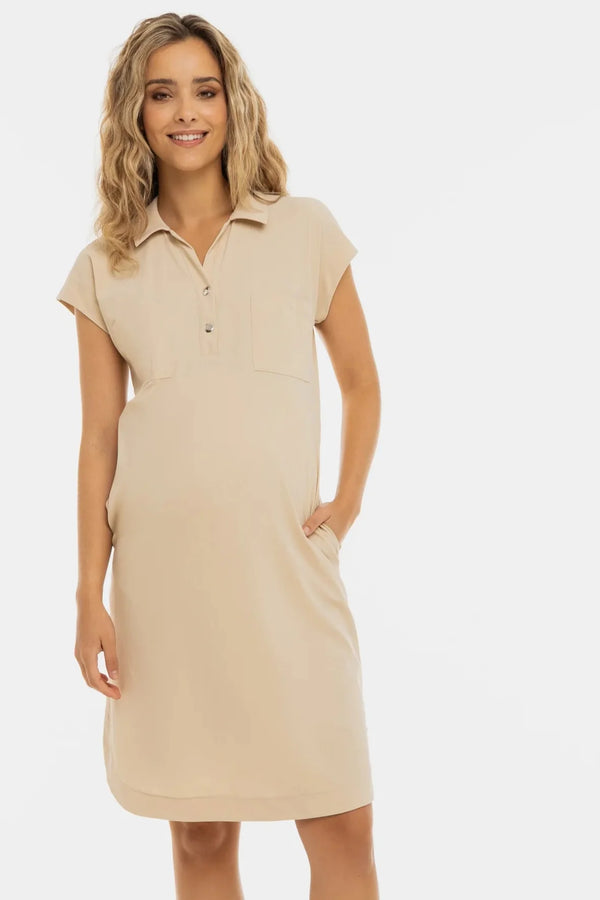 Rochie-cămașă pentru gravide cu guler și buzunare – bej