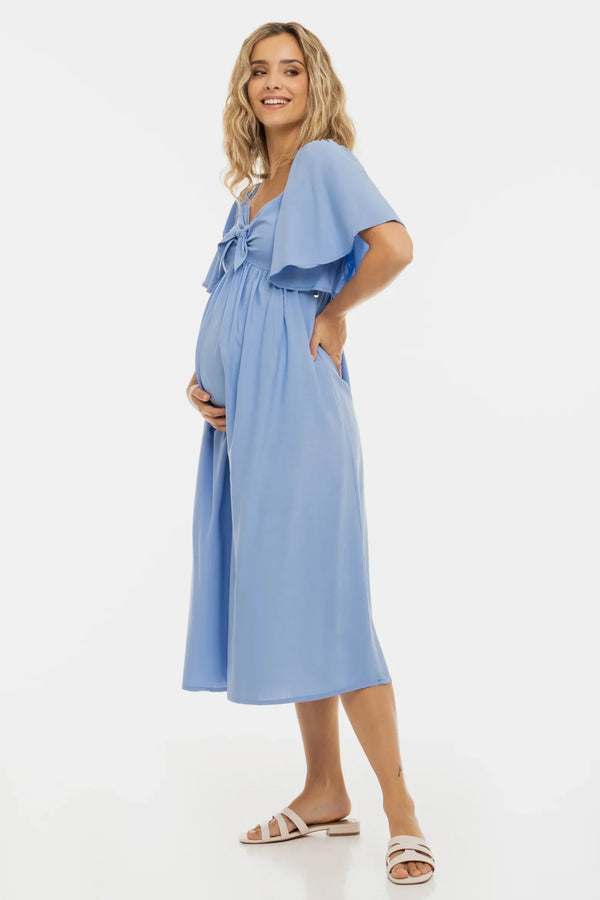 Rochie de vară pentru gravide cu spate shirring elastic - albastră