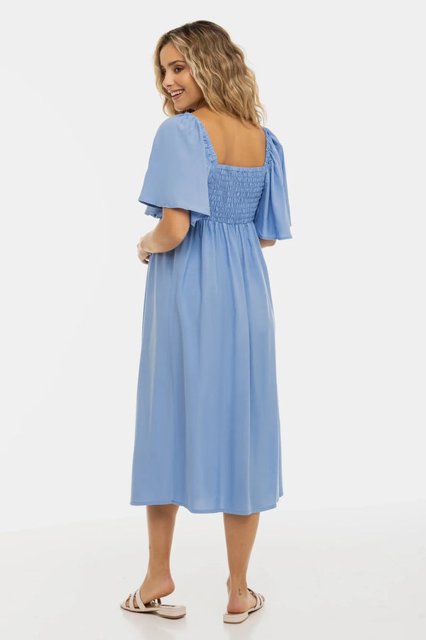 Rochie de vară pentru gravide cu spate shirring elastic - albastră