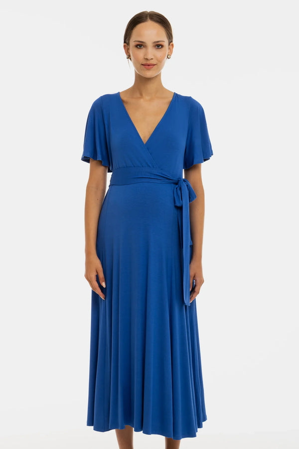 Rochie lungă evazată pentru gravide și alăptare - albastră