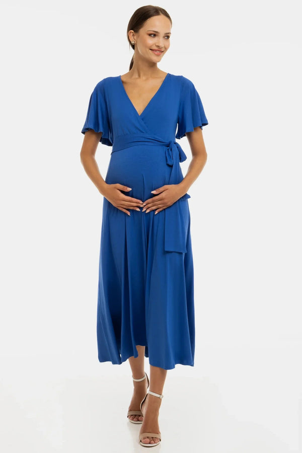 Rochie lungă evazată pentru gravide și alăptare - albastră
