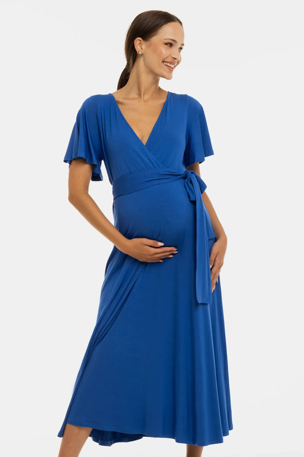 Rochie lungă evazată pentru gravide și alăptare - albastră