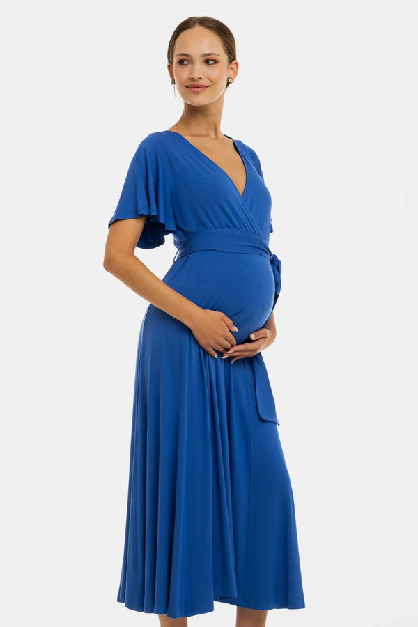 Rochie lungă evazată pentru gravide și alăptare - albastră