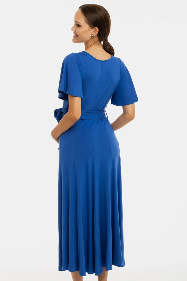 Rochie lungă evazată pentru gravide și alăptare - albastră