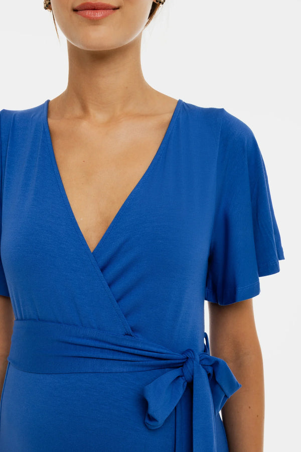 Rochie lungă evazată pentru gravide și alăptare - albastră