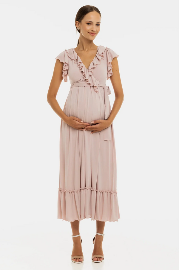 Rochie lungă vaporoasă pentru gravide și alăptare - roz pudră