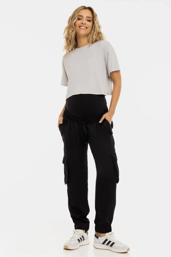 Pantaloni cargo din satin pentru gravide - negru
