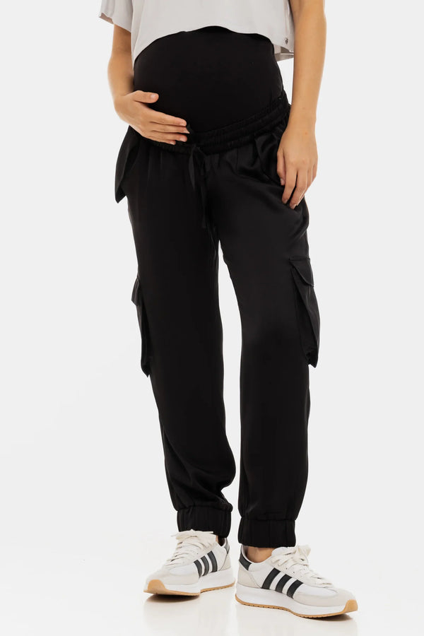 Pantaloni cargo din satin pentru gravide - negru