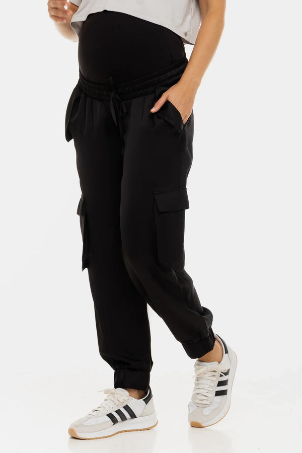 Pantaloni cargo din satin pentru gravide - negru