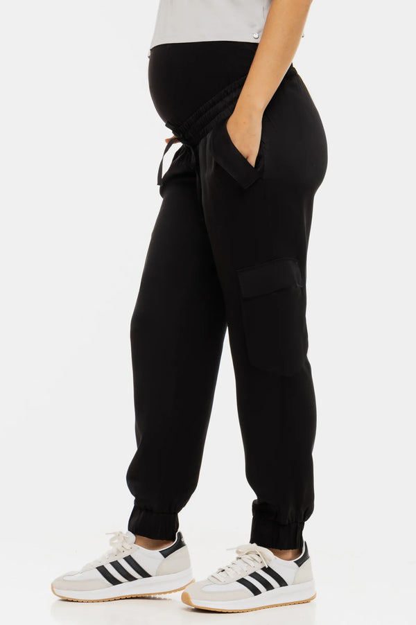 Pantaloni cargo din satin pentru gravide - negru