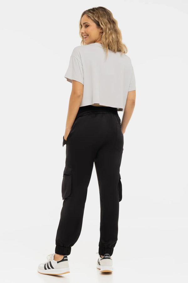 Pantaloni cargo din satin pentru gravide - negru