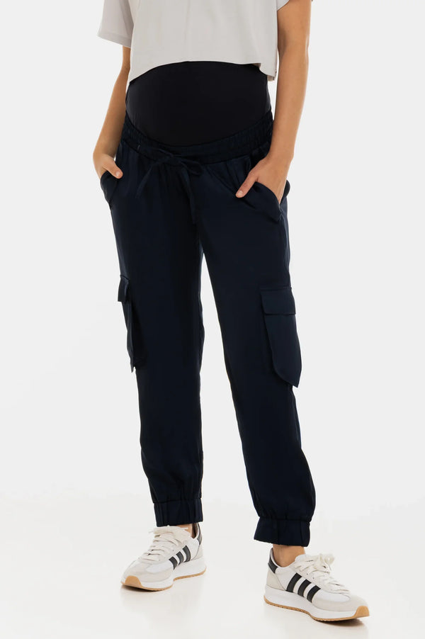 Pantaloni cargo din satin pentru gravide - albastru închis