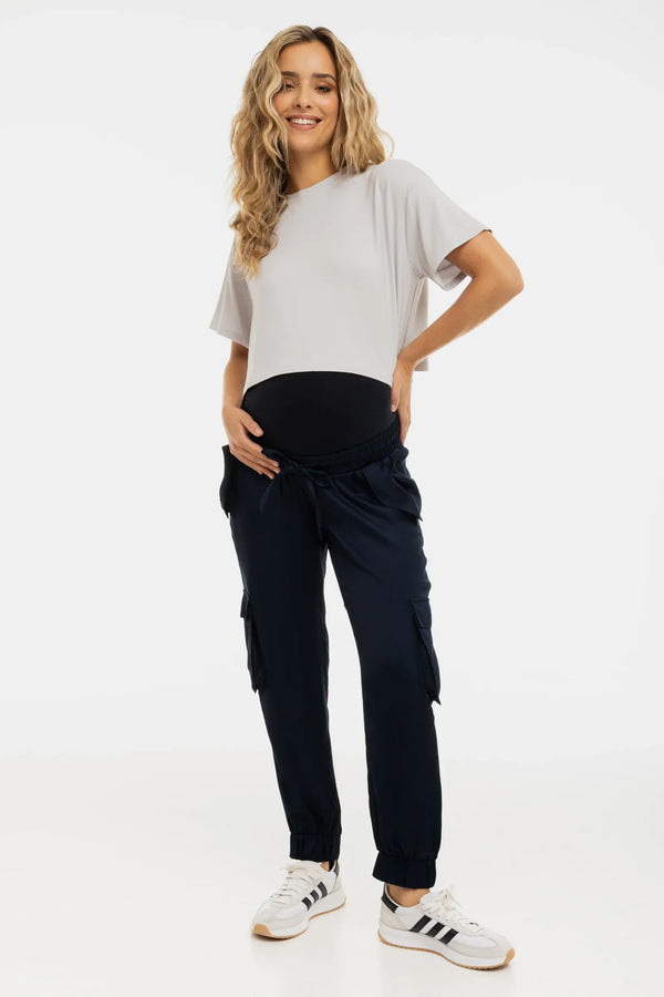 Pantaloni cargo din satin pentru gravide - albastru închis