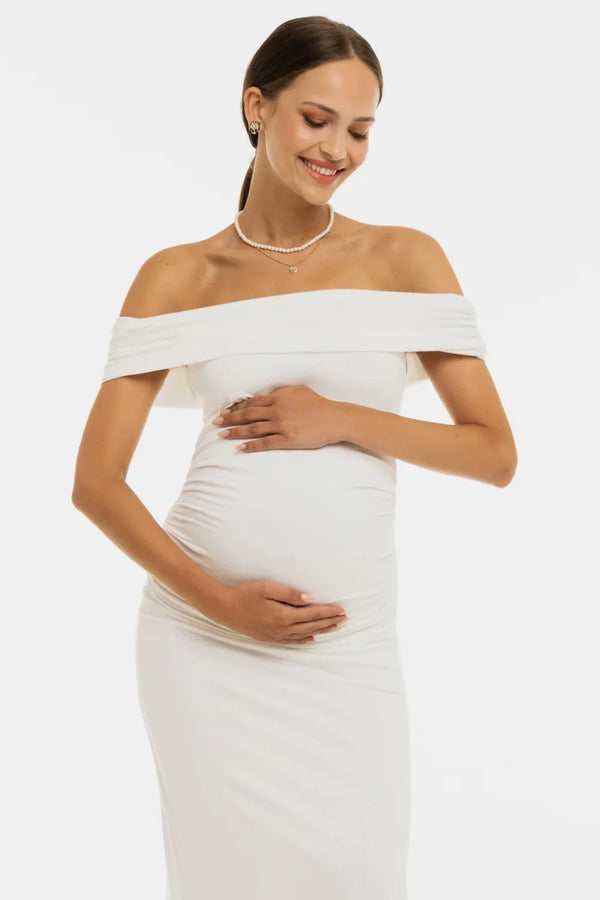 Rochie de mireasă lungă cu falduri – ecru