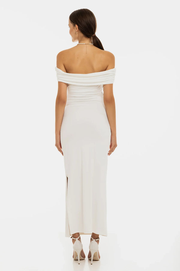 Rochie de mireasă lungă cu falduri – ecru