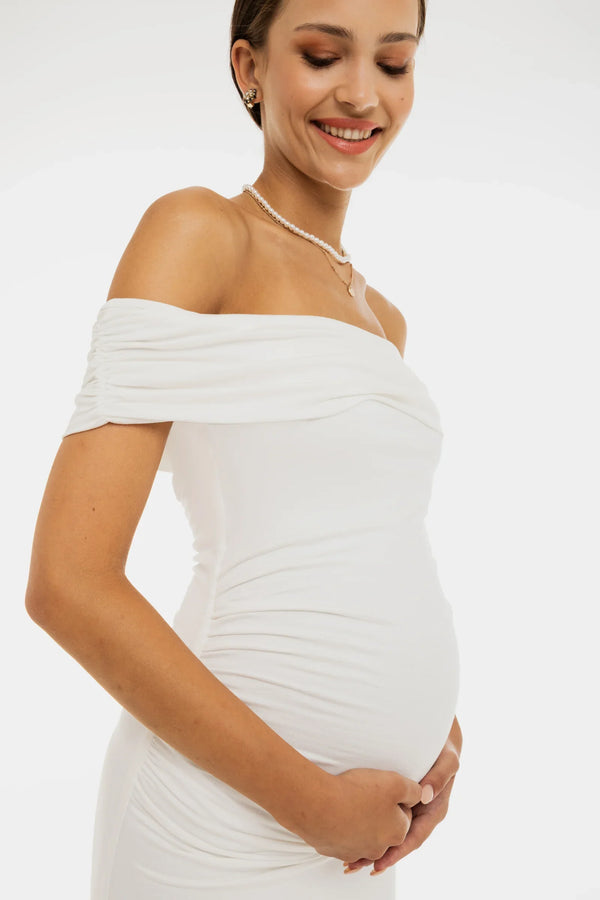 Rochie de mireasă lungă cu falduri – ecru