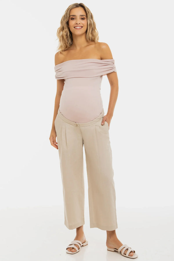 Pantaloni eleganți 7/8 din in, cu pliuri, pentru gravide – bej