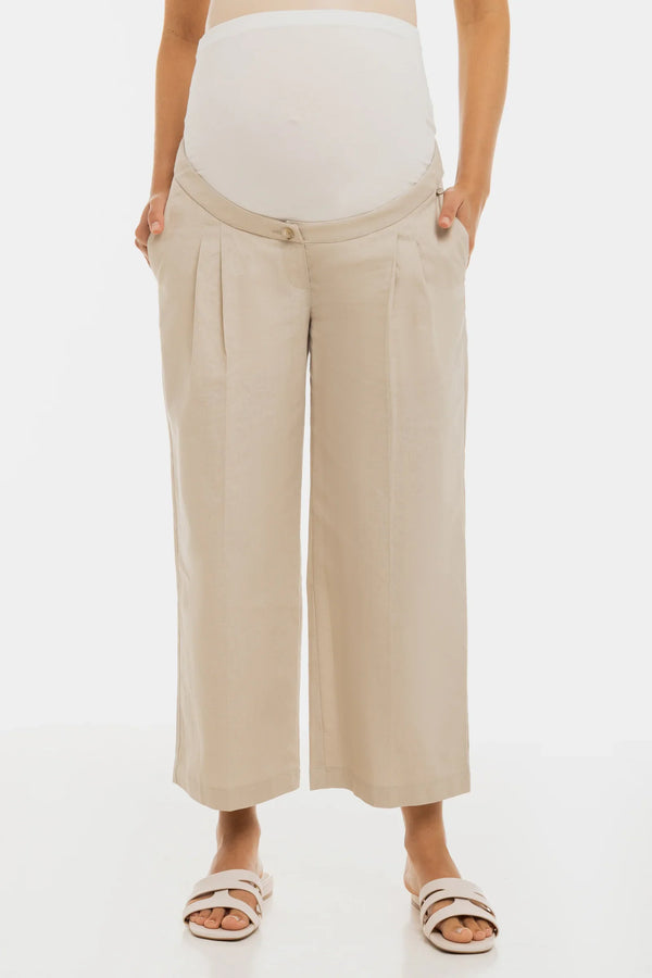 Pantaloni eleganți 7/8 din in, cu pliuri, pentru gravide – bej
