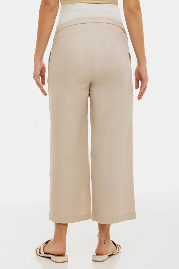 Pantaloni eleganți 7/8 din in, cu pliuri, pentru gravide – bej