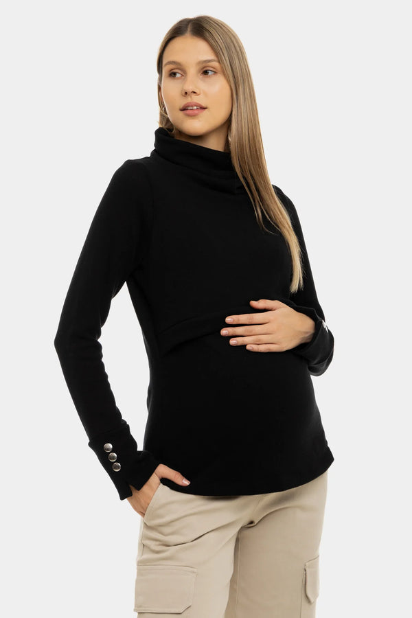Pulover negru din bumbac pentru gravide și alăptare cu guler