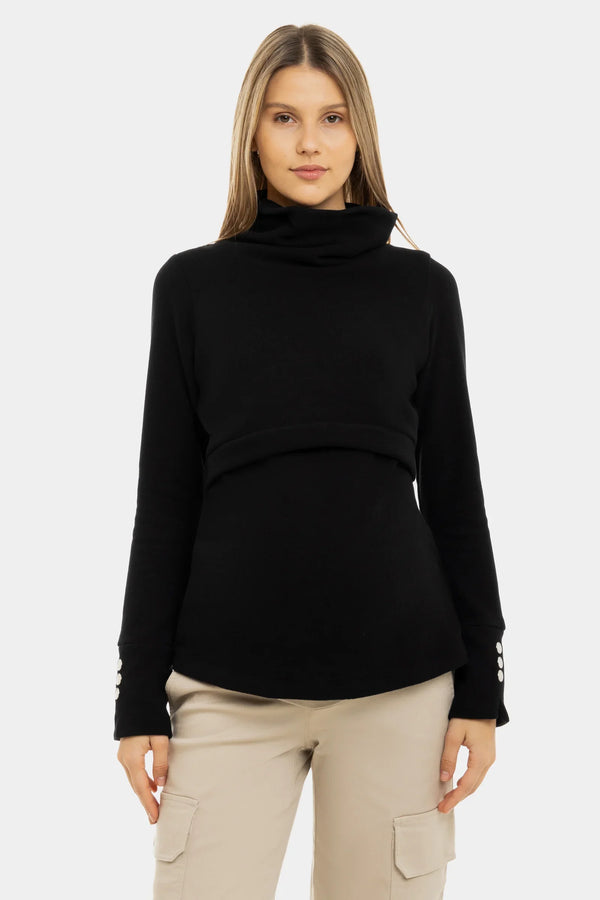Pulover negru pentru gravide și alăptare cu guler