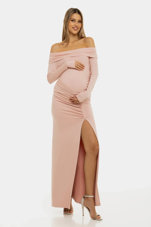 Rochie elegantă cu umeri goi în roz pastel