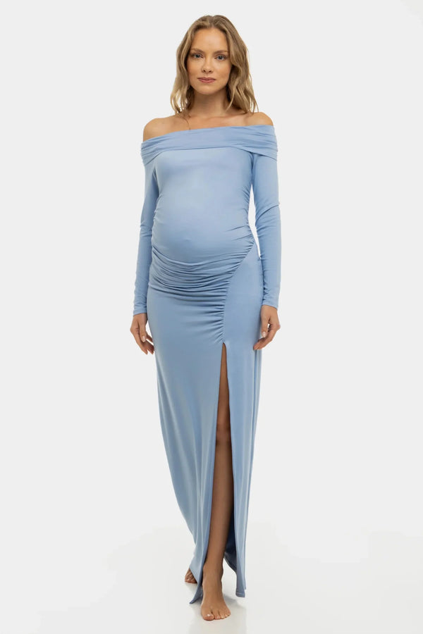 Rochie elegantă albastru deschis cu umeri goi