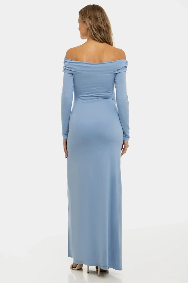 Rochie elegantă albastru deschis cu umeri goi
