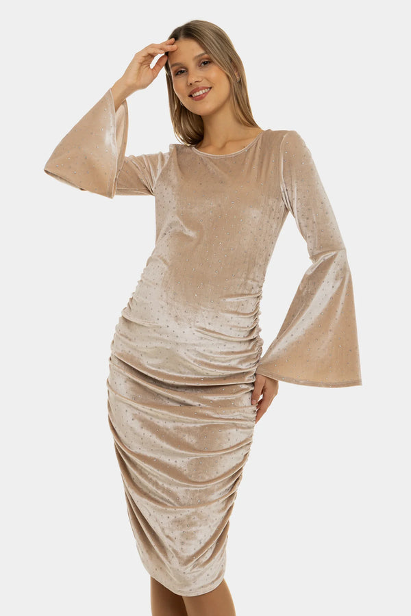Rochie pentru gravide stralucitoare din catifea cu încrețituri - bej