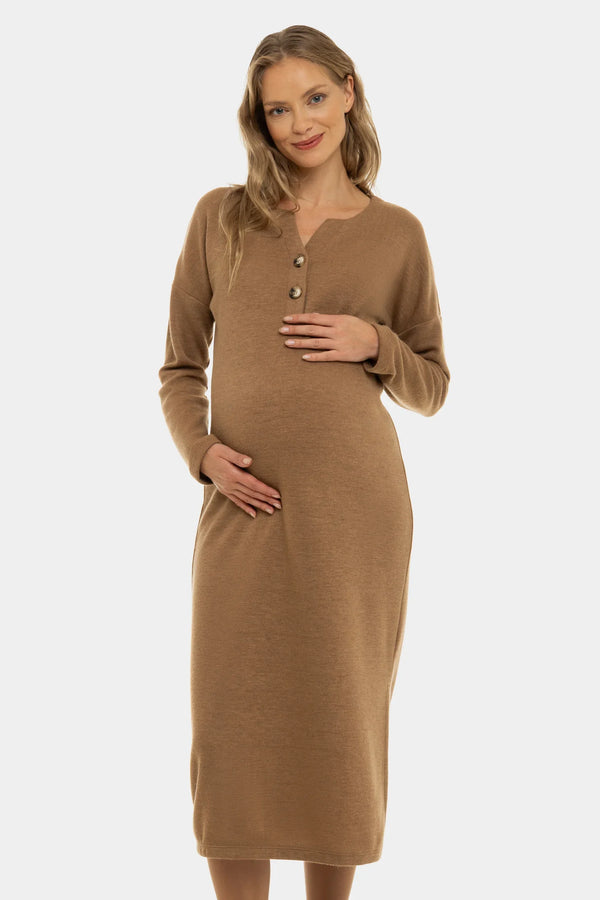 Rochie tricotată lungă pentru gravide și alăptare – caramel
