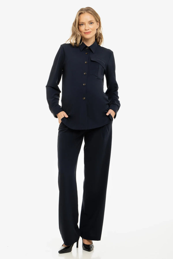 Pantaloni evazați elastici cu pliuri pentru gravide – bleumarin