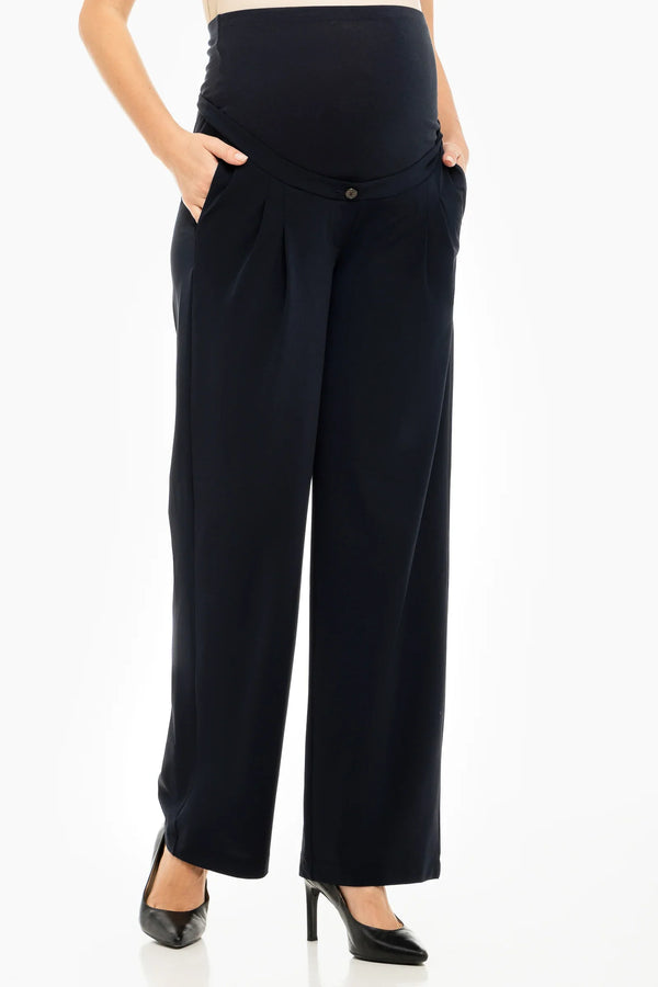 Pantaloni evazați elastici cu pliuri pentru gravide – bleumarin