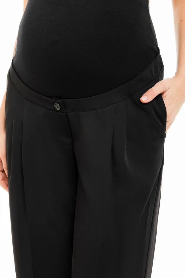 Pantaloni evazați elastici cu pliuri pentru gravide – negri
