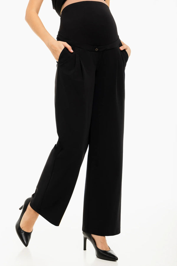 Pantaloni pentru gravide cu pliuri din georgette fin – negri