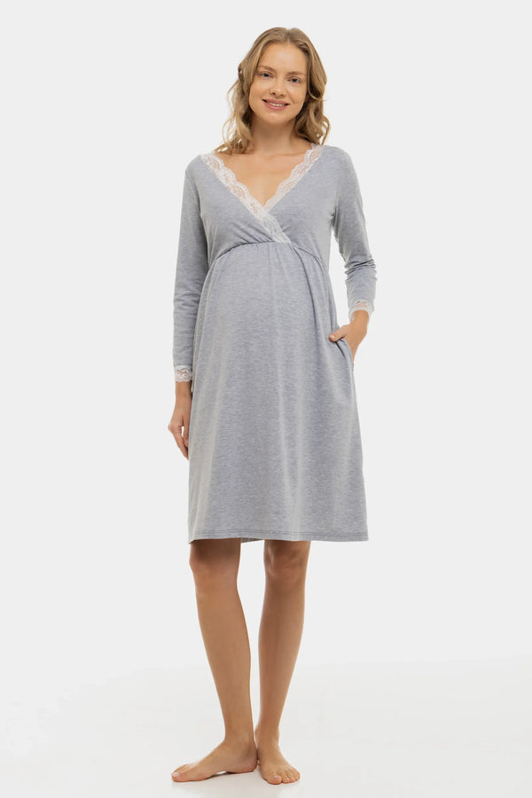 Cămașă de noapte din bumbac gri gravide și alăptare cu mâneci ⅞