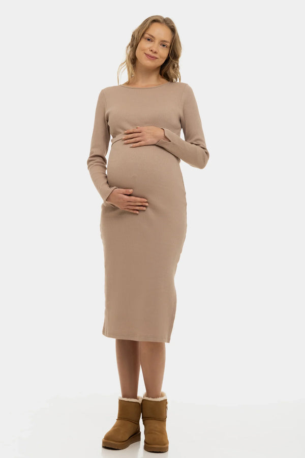 Rochie lunga din bumbac pentru gravide și alăptare in culoarea pudra