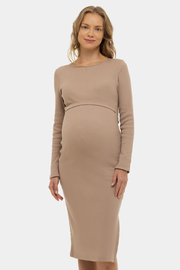 Rochie lunga din bumbac pentru gravide și alăptare in culoarea pudra
