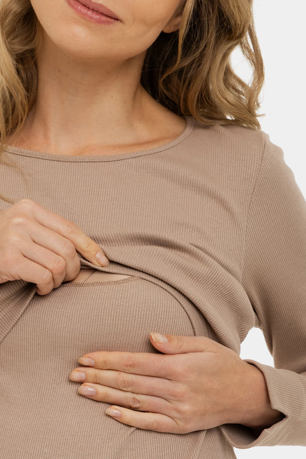 Rochie lunga din bumbac pentru gravide și alăptare in culoarea pudra