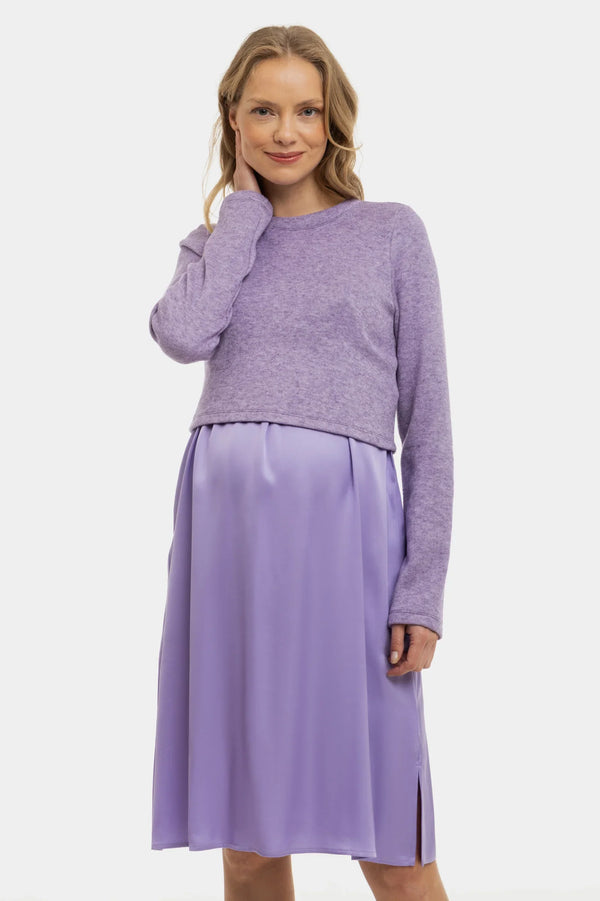 Rochie satinată cu pulover pentru gravide și alăptare - lila