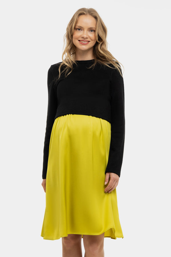 Rochie satinată cu pulover pentru gravide și alăptare - lămâie