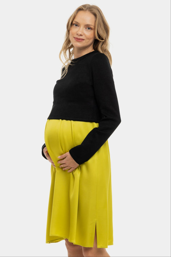 Rochie satinată cu pulover pentru gravide și alăptare - lămâie
