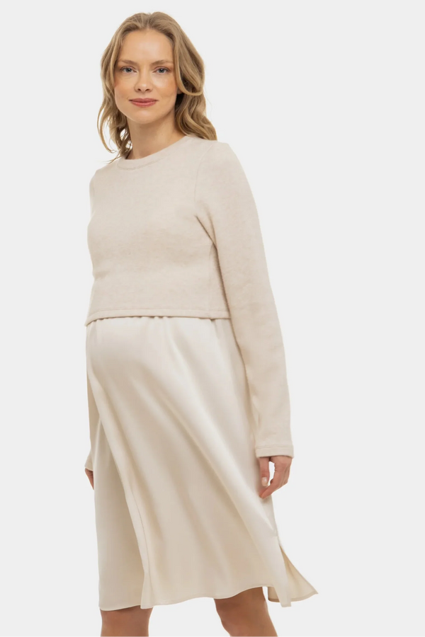 Rochie satinată cu pulover pentru gravide și alăptare - bej