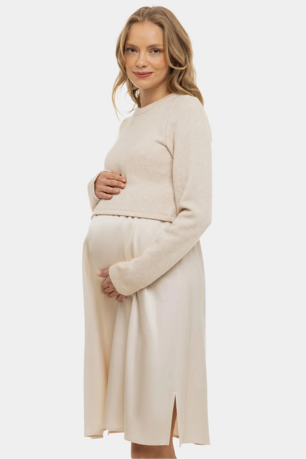 Rochie satinată cu pulover pentru gravide și alăptare - bej