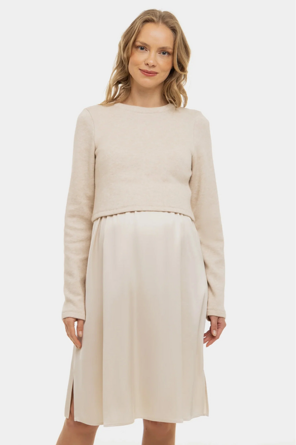 Rochie satinată cu pulover pentru gravide și alăptare - bej