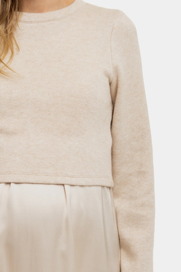 Rochie satinată cu pulover pentru gravide și alăptare - bej