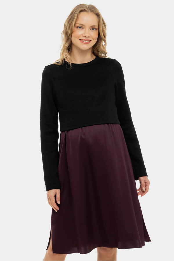 Rochie satinată cu pulover pentru gravide și alăptare - visiniu