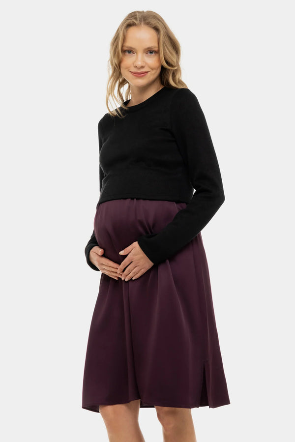 Rochie satinată cu pulover pentru gravide și alăptare - visiniu